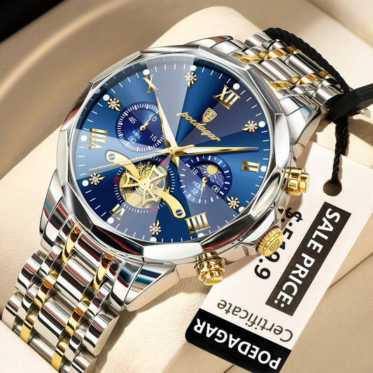 POEDAGAR 938 Elegant Stainless Steel Chronograph Men's Watch-Silver Blue
