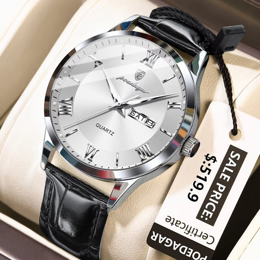 POEDAGAR 978 Casual Luminous Leather Strap Men's Watch-Silver