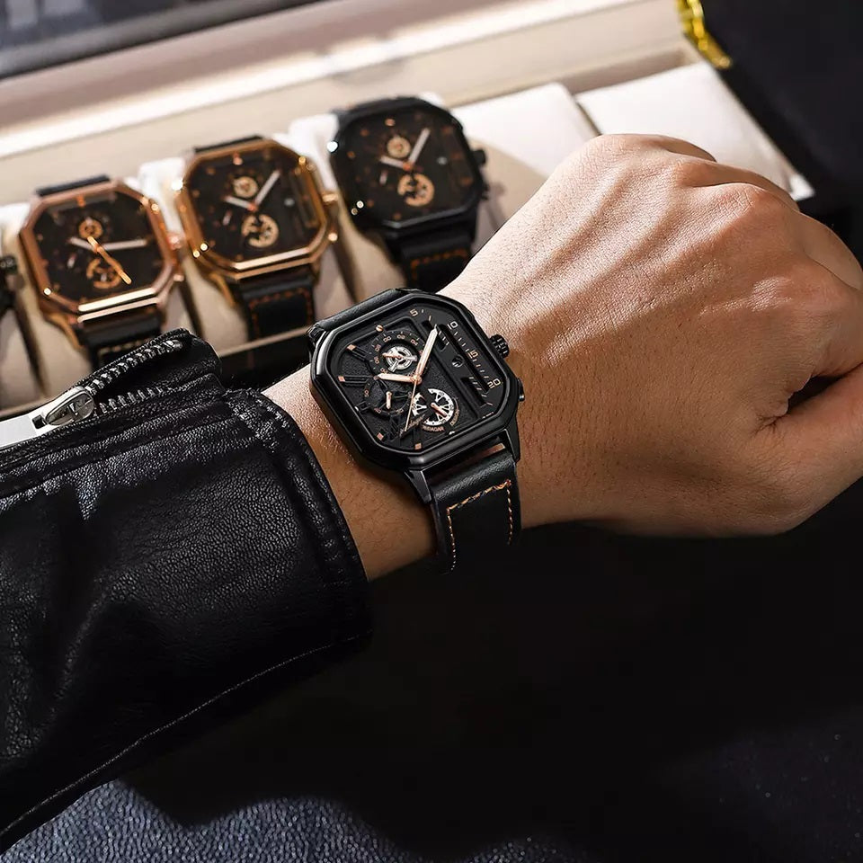 Poedagar 628 Quartz Leather Strap Minimalist Ultra thin Wrist Watches for Men’s- Black & Rose Gold