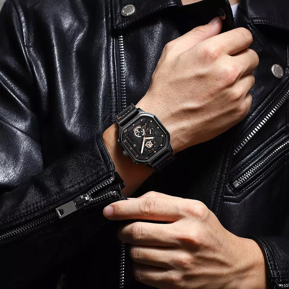 Poedagar 628 Quartz Leather Strap Minimalist Ultra thin Wrist Watches for Men’s- Black & Rose Gold