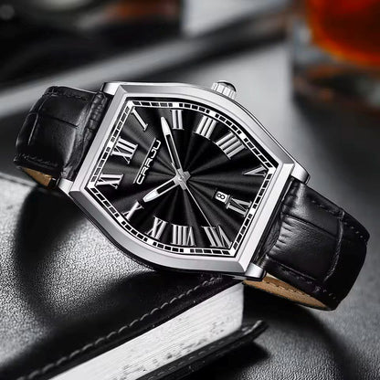 Crrju 5024 Leather Strap Date Display Business Men's watch- Black