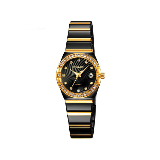 SKMEI 2342 Quartz Stainless Steel Diamond Ladies Watch-Black Gold