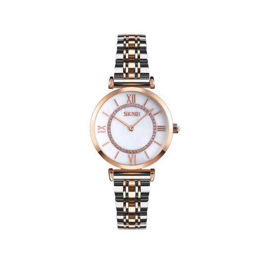 SKMEI 9198 Simple Numeral Dial Metal Belt Quartz Watch-Silver Rose Gold