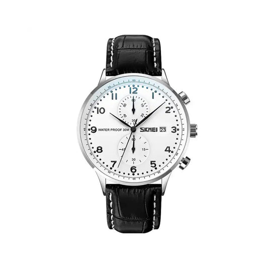 SKMEI 9301 Casual Leather Strap Date Men's Watch-Black Silver