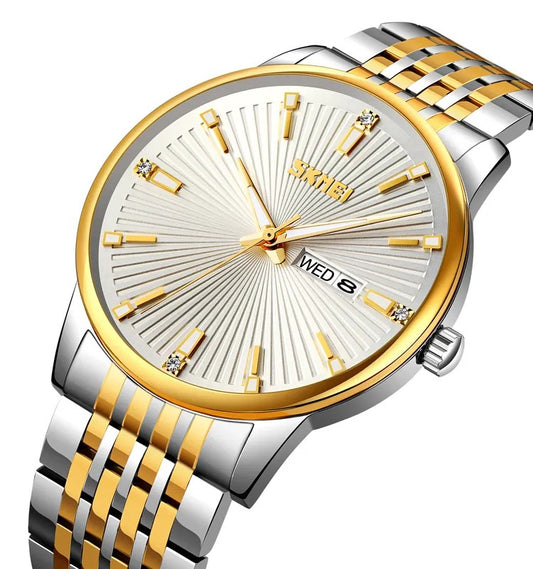 SKMEI 9323 Formal Fashion Steel Strap Men's Watch-Silver Gold