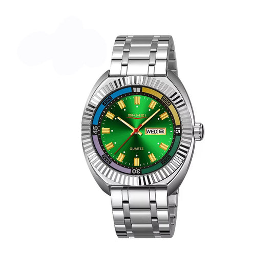 SKMEI 9353 Classic Stainless Steel Day Date Men's Watch-Silver Green