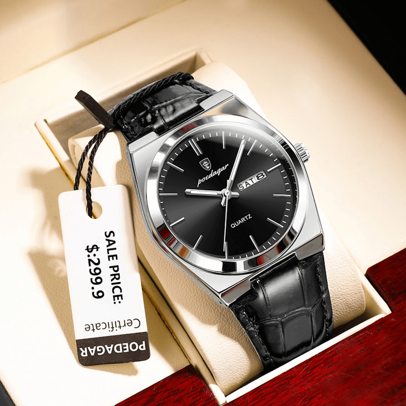 Poedagar 930 Elegant Ultra-Thin Gemstone Leather Luminous Quartz Watch- Black