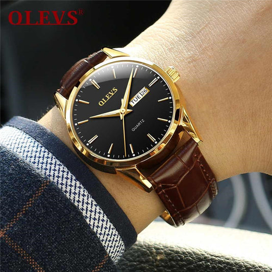 Olevs 6898 minimalist design leather strap watch for Men's- Brown & Black