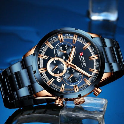 CURREN 8355 Multi-function Steel Strap Watch for Men - Blue