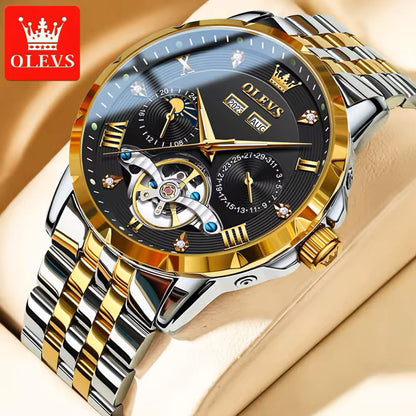 Olevs 6691 Luxury Tourbillon Automatic Mechanical Watch - Silver Gold & Black